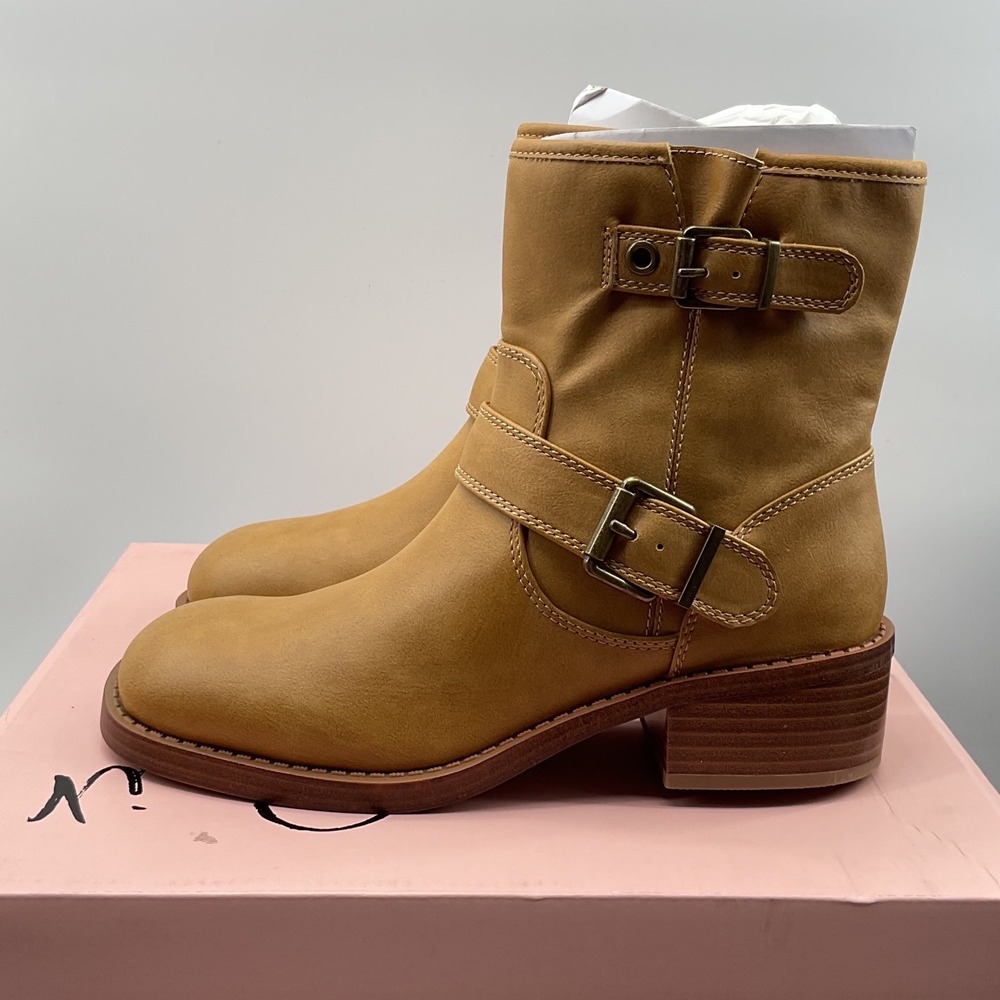 Wild Pair Womens Tan Moto Ankle Boots Buckle Detail Block Heel Zip Up